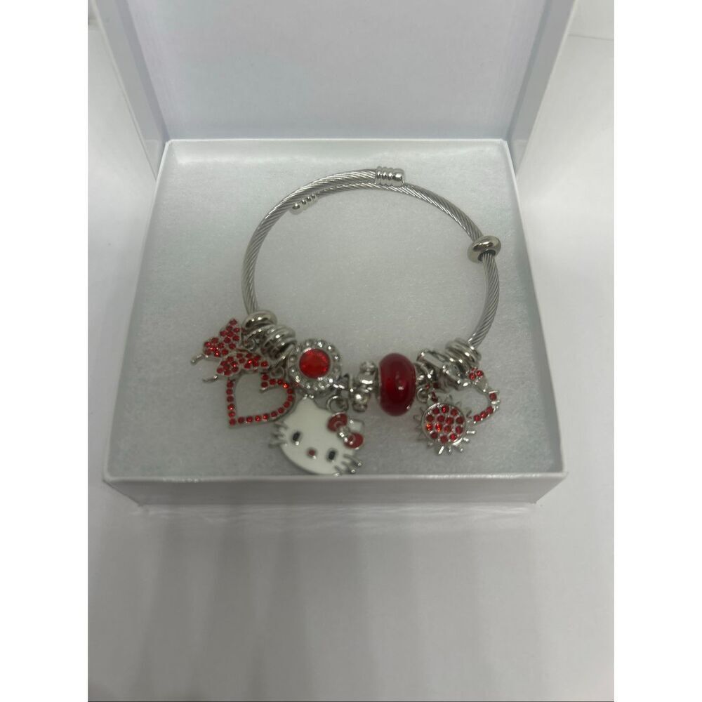 ❤️ Hello Kitty Red Charm Bracelet – Silver Tone – Rhinestones & Beads – Gift Box
